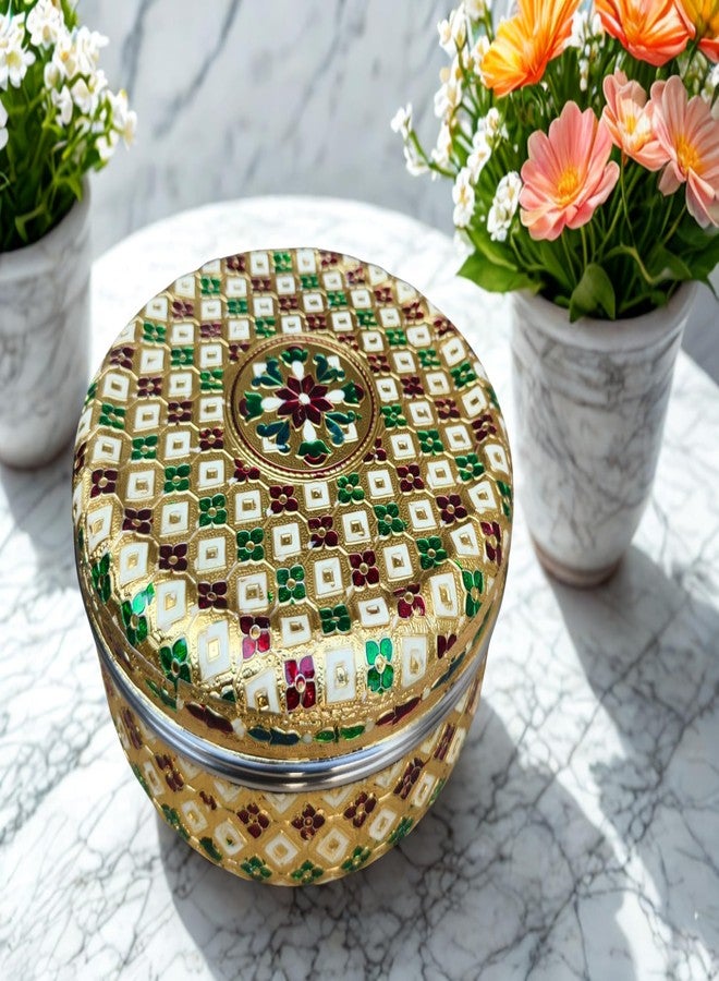 CRAFTS WORLD Stainless Steel Meenakari Container Round Dabba Chapati Box Golden Meenakari Best For Wedding Return Gift (7.5 x 7.5 x 2.7 Inch) - Image 1
